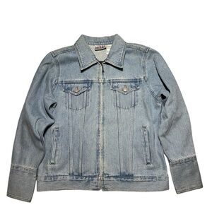 Vintage 80s Bill Blass Women’s Trucker Denim Zipper Distressed Jean Jacket